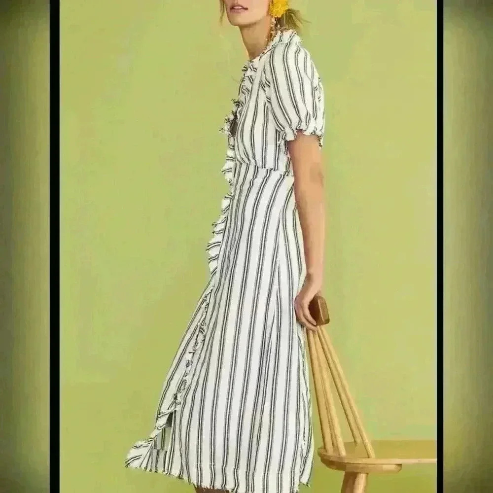 Anthropologie x Pilcro Linen Ruffle Striped Midi Dress Womens Size 4